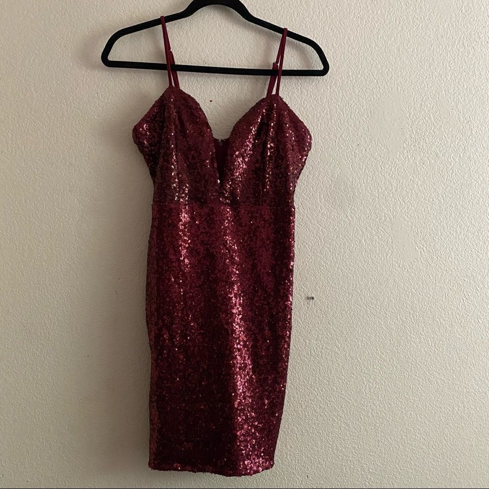 ANGL Red Bodycon Plunging Sequin Flattering Going Out Dress